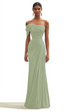 Dark Green One Shoulder Sheath Pleated Long Formal Dress