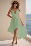 Ruffled White V Neck Asymmetrical Holiday Party Dress