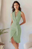 Blue Sheath Midi Work Dress with Sash