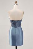 Fuchsia Corset Satin Strapless Homecoming Dress with Beading