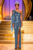 Sparkly Dark Green Sheath One Shoulder Pageant Dress With Slit