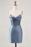 Fuchsia Corset Satin Strapless Homecoming Dress with Beading