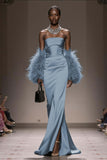 Strapless Mermaid Satin Silver Gala Dress (Without Feathers)