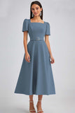 A Line Sky Blue Square Neck Midi Work Dress with Belt