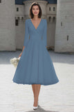 Ivory V-Neck A-Line Satin Engagement Dress With 3/4 Sleeves
