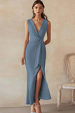 Blue Sheath V-Neck Formal Dress with Slit