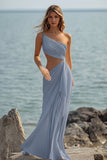 One Shoulder Cut Out Chiffon White Engagement Dress