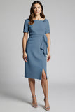 Ruffled Champagne Sheath Midi Dress with Slit