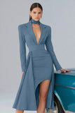 Black Notched Lapel Long Sleeve Semi-Formal Dress With Slit