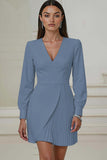 Ivory V-Neck Long Sleeve Pleated A-Line Work Dress