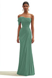 Dark Green One Shoulder Sheath Pleated Long Formal Dress