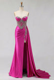 Sweetheart Mermaid Mint Green Beaded Satin Prom Dress With Slit