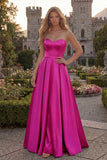Strapless A Line Satin Fuchsia Maxi Prom Dress