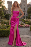 Strapless Burgundy Mermaid Satin Ruched Maxi Prom Dress