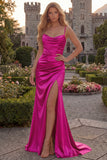 Burgundy Mermaid Satin Cowl Neck Maxi Prom Dress