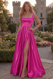 Blush A Line Square Neck Satin Prom Dress with Pearls