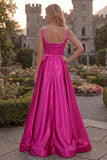 Blush A Line Square Neck Satin Prom Dress with Pearls