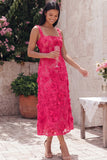 Blue Floral A Line Midi Wedding Guest Dress