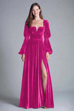 Burgundy A-Line Long Sleeve Velvet Holiday Party Dress With Slit