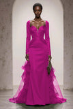 Dark Green Satin Mermaid Evening Dress With Long Sleeves