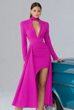 Black Notched Lapel Long Sleeve Semi-Formal Dress With Slit
