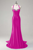 Sparkly Dark Green Mermaid Halter Corset Sequin Prom Dress