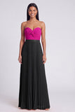 Strapless Pink and Orange ColorBlock Pleated A Line Formal Dress