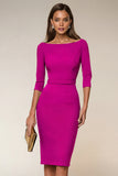 Bodycon Navy Bateau Neck Short Work Dress With 3/4 Sleeves