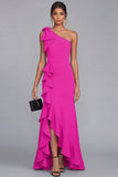 One Shoulder Black Mermaid Bowed Formal Dress with Ruffles