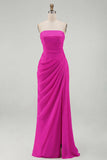 Light Pink Strapless Ruched Sheath Prom Dress with Slit