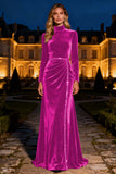Royal Blue Long Sleeve Velvet Formal Dress With Beading