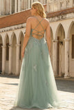 Green Plus Size A Line Appliqued Prom Dress