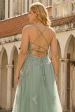 Green Plus Size A Line Appliqued Prom Dress
