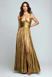 A-Line Silver Pleated Long Formal Dress With Slit