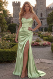 Strapless Burgundy Mermaid Satin Ruched Maxi Prom Dress