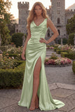 Cowl Neck Mermaid Burgundy Satin Prom Dress with Slit