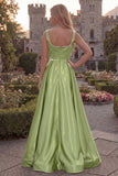 Blush A Line Square Neck Satin Prom Dress with Pearls