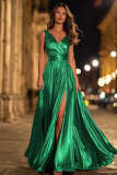 Gold A-Line V-Neck Pleated Formal Dress With Slit