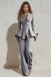 Peaked Lapel 2 Piece Ivory Ruffled Women Suits with Sash