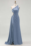 One Shoulder Cut Out Satin Black Tie Dress With Slit