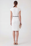 White Round Neck Bodycon Work Dress with Belt