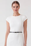 White Round Neck Bodycon Work Dress with Belt