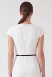 White Round Neck Bodycon Work Dress with Belt