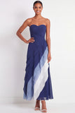 Blue Strapless A Line Ruched Ruffled Maxi Formal Dress