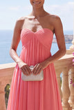 Strapless Pink A Line Pleated Wedding Guest Dress