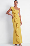 One Shoulder Yellow Mermaid Ruffled Maxi Formal Dress