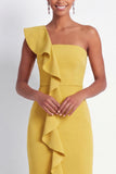 One Shoulder Yellow Mermaid Ruffled Maxi Formal Dress