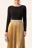 Metallic Long Sleeve A Line Black Golden Maxi Formal Dress