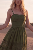 Green A Line Pleated Lace Maxi Casual Dress