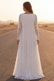 White A Line Long Sleeve Lace Maxi Wedding Dress with Cape